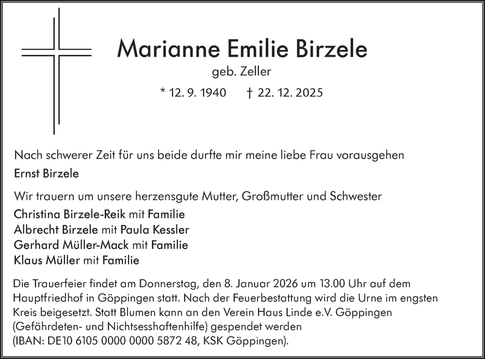  Traueranzeige für Marianne Emilie Birzele vom 30.12.2025 aus NWZ Neue Württembergische Zeitung
