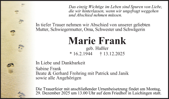 Traueranzeige von Marie Frank von SÜDWEST PRESSE Ausgabe Ulm/Neu-Ulm
