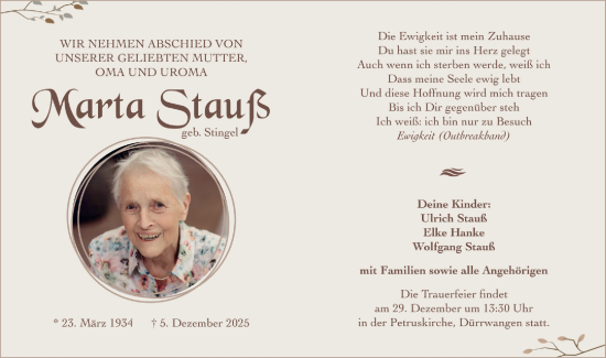 Traueranzeige von Marta Stauß von SÜDWEST PRESSE Zollernalbkreis/Hohenzollerische Zeitung