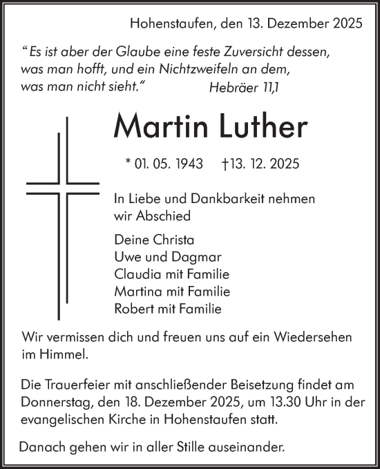 Traueranzeige von Martin Luther von NWZ Neue Württembergische Zeitung