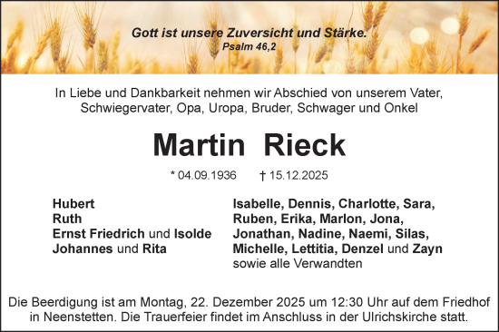 Traueranzeige von Martin Rieck von SÜDWEST PRESSE Ausgabe Ulm/Neu-Ulm