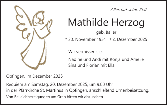Traueranzeige von Mathilde Herzog von Ehinger Tagblatt
