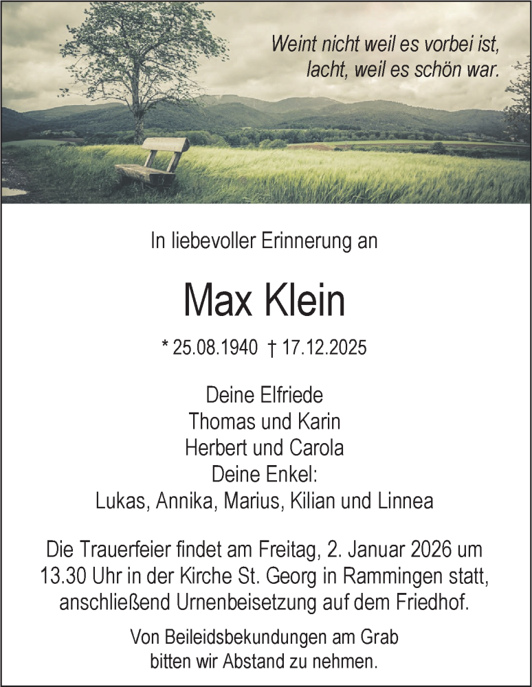  Traueranzeige für Max Klein vom 27.12.2025 aus SÜDWEST PRESSE Ausgabe Ulm/Neu-Ulm