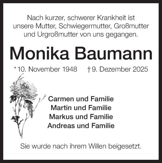 Traueranzeige von Monika Baumann von Hohenloher Tagblatt