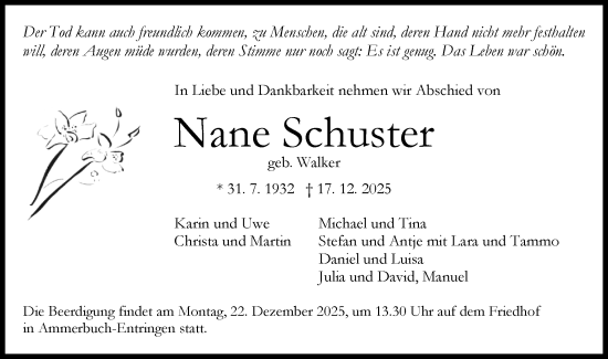 Traueranzeige von Nane Schuster von Schwäbische Tagblatt