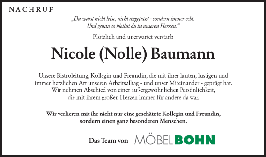 Traueranzeige von Nicole Baumann von Hohenloher Tagblatt