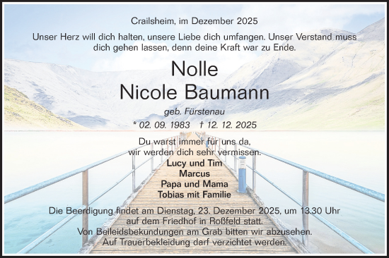 Traueranzeige von Nicole Baumann von Haller Tagblatt/Hohenloher Tagblatt