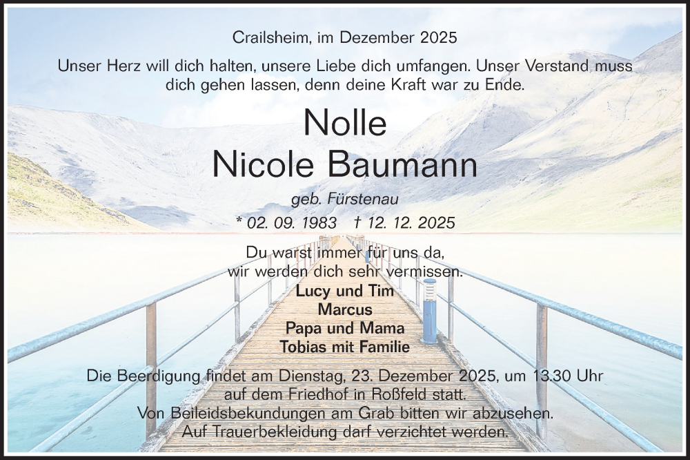  Traueranzeige für Nicole Baumann vom 20.12.2025 aus Haller Tagblatt/Hohenloher Tagblatt