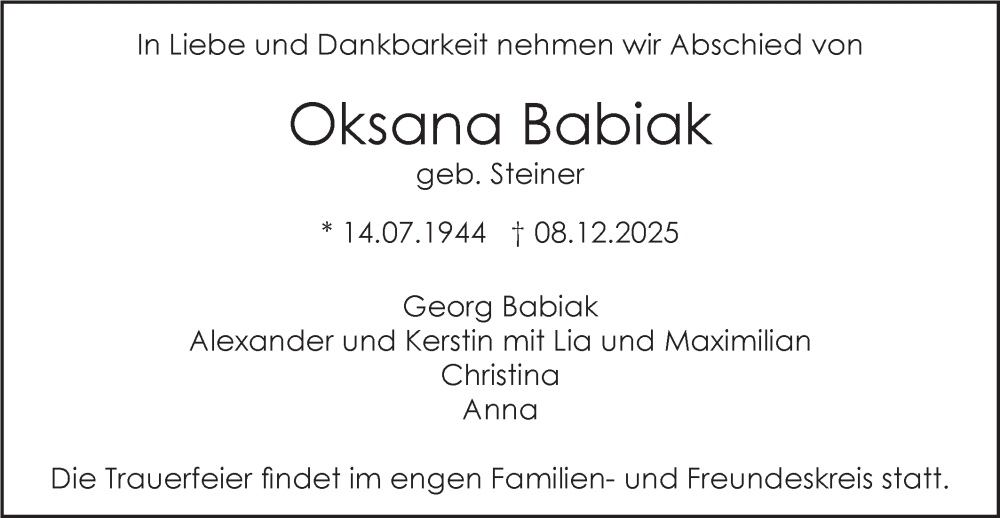  Traueranzeige für Oksana Babiak vom 20.12.2025 aus SÜDWEST PRESSE Ausgabe Ulm/Neu-Ulm