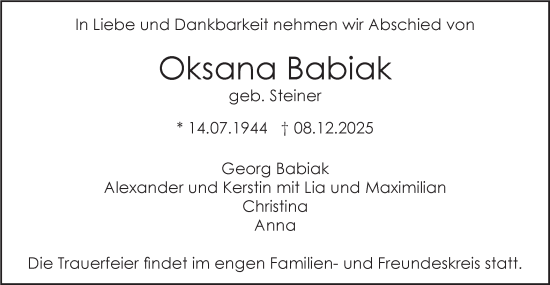 Traueranzeige von Oksana Babiak von SÜDWEST PRESSE Ausgabe Ulm/Neu-Ulm
