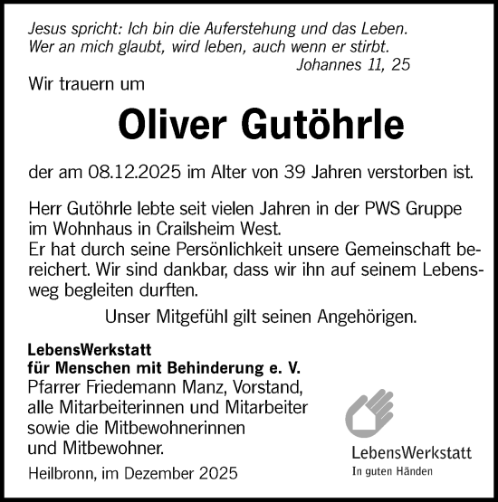 Traueranzeige von Oliver Gutöhrle von Hohenloher Tagblatt