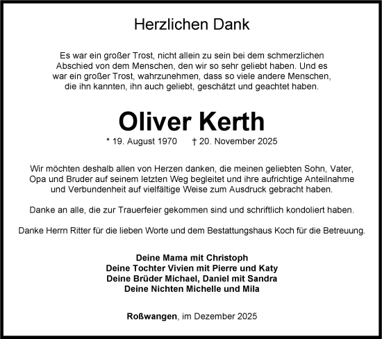 Traueranzeige von Oliver Kerth von SÜDWEST PRESSE Zollernalbkreis/Hohenzollerische Zeitung