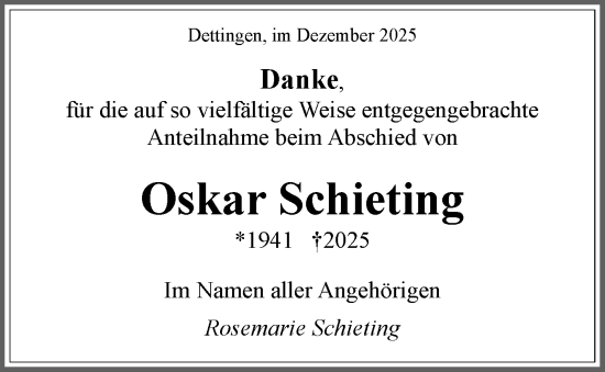Traueranzeige von Oskar Schieting von Schwäbische Tagblatt