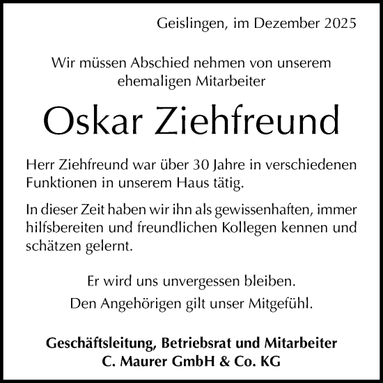 Traueranzeige von Oskar Ziehfreund von Geislinger Zeitung