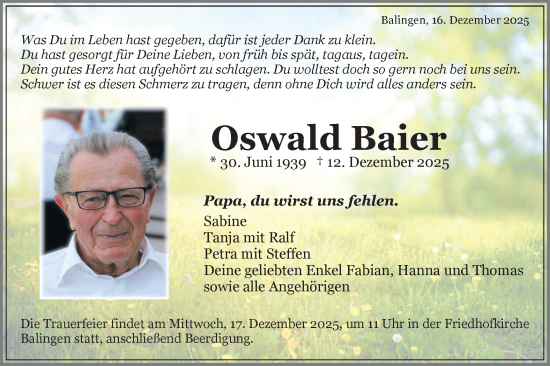 Traueranzeige von Oswald Baier von SÜDWEST PRESSE Zollernalbkreis/Hohenzollerische Zeitung