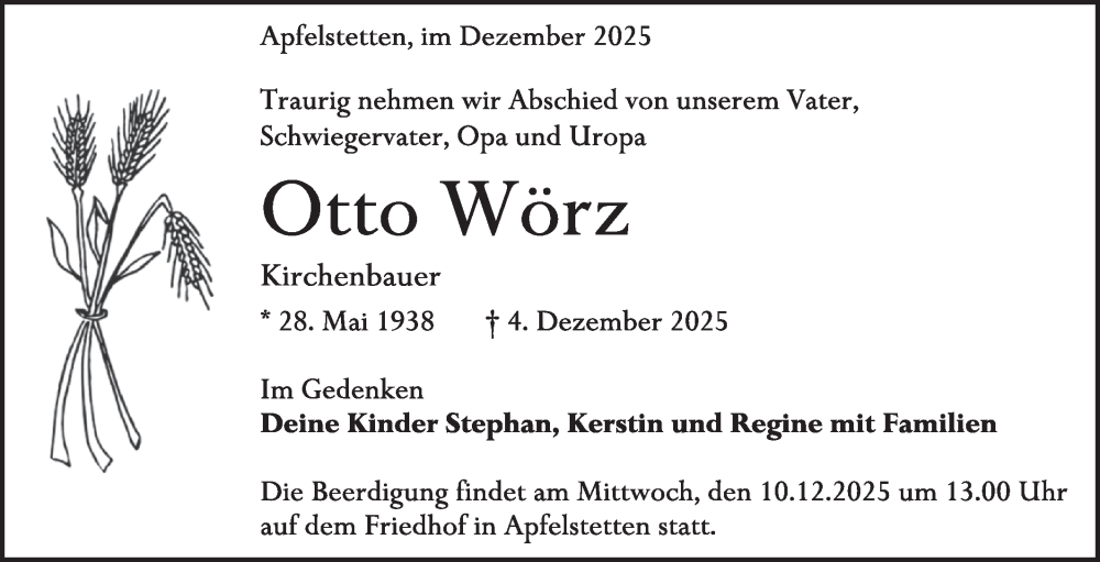  Traueranzeige für Otto Wörz vom 09.12.2025 aus Alb-Bote/Metzinger-Uracher Volksblatt