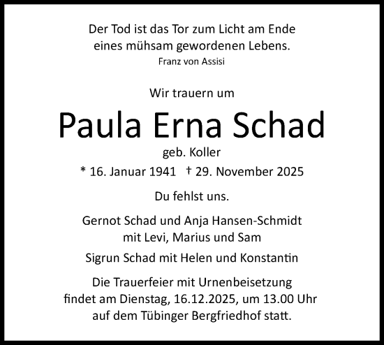 Traueranzeige von Paula Erna Schad von Schwäbische Tagblatt