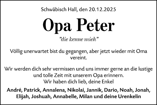 Traueranzeige von Peter  von Haller Tagblatt