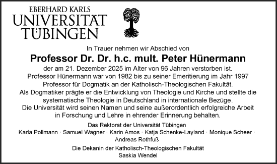 Traueranzeige von Peter Hünermann von Schwäbische Tagblatt