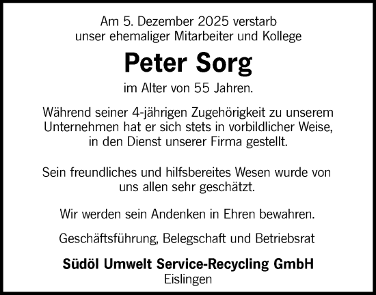 Traueranzeige von Peter Sorg von NWZ Neue Württembergische Zeitung