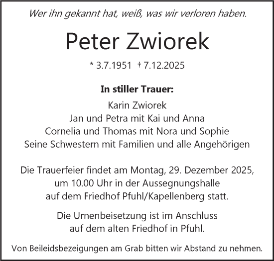 Traueranzeige von Peter Zwiorek von SÜDWEST PRESSE Ausgabe Ulm/Neu-Ulm/Neu-Ulmer Zeitung