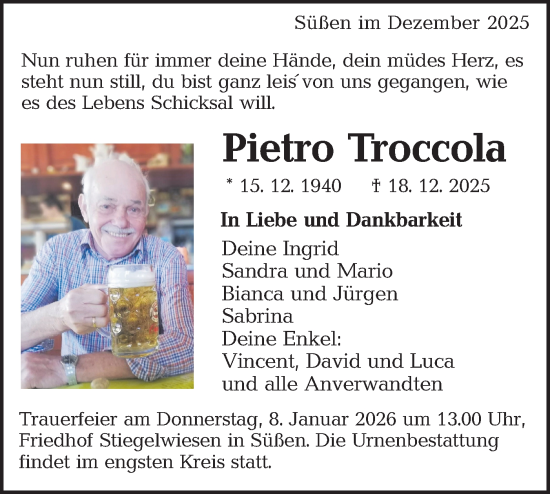 Traueranzeige von Pietro Troccola von NWZ Neue Württembergische Zeitung