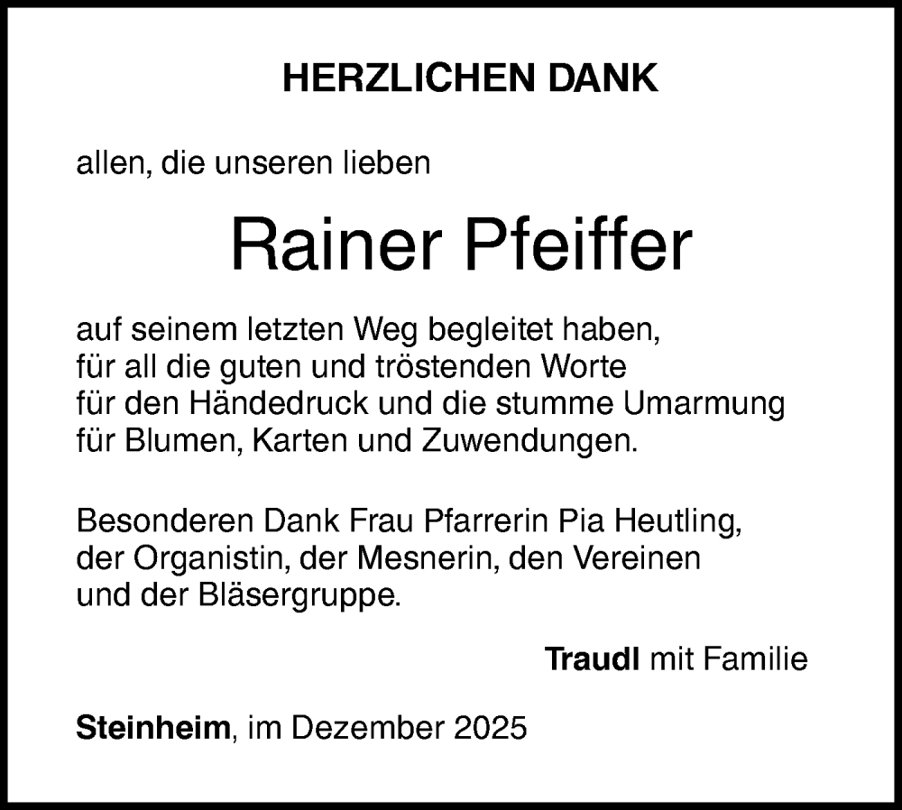  Traueranzeige für Rainer Pfeiffer vom 20.12.2025 aus SÜDWEST PRESSE Ausgabe Ulm/Neu-Ulm/Neu-Ulmer Zeitung
