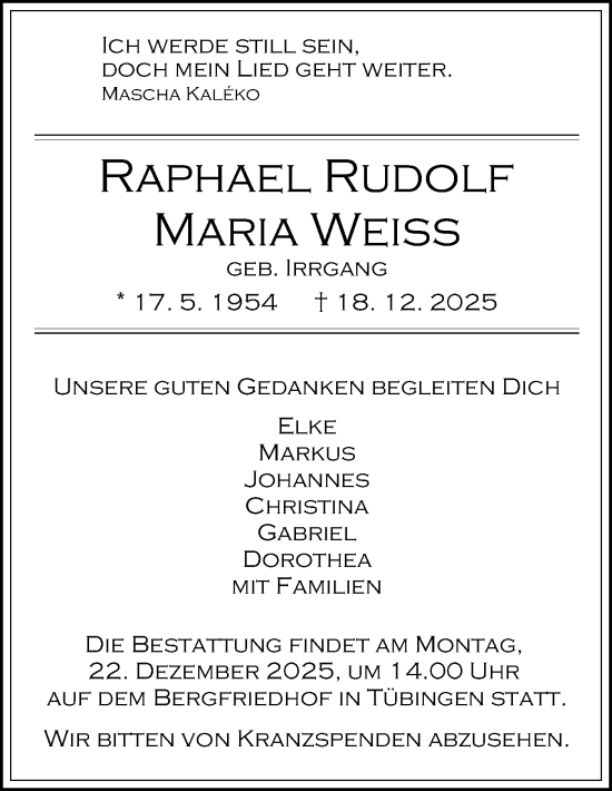 Traueranzeige von Raphael Rudolf Maria Weiß von Schwäbische Tagblatt