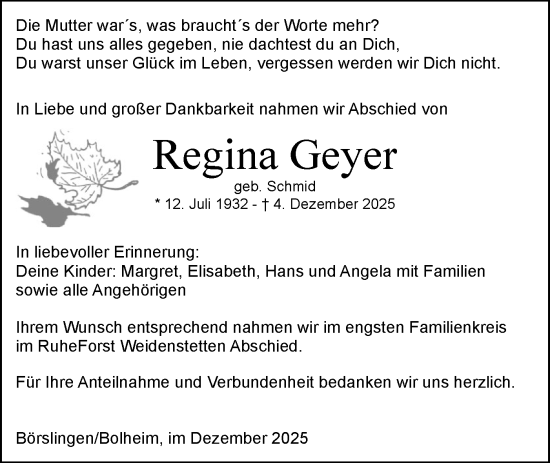 Traueranzeige von Regina Geyer von SÜDWEST PRESSE Ausgabe Ulm/Neu-Ulm