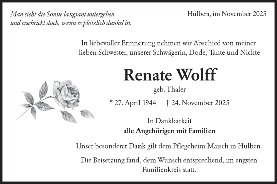 Traueranzeige von Renate Wolff von Alb-Bote/Metzinger-Uracher Volksblatt