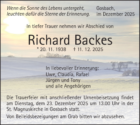 Traueranzeige von Richard Backes von Geislinger Zeitung