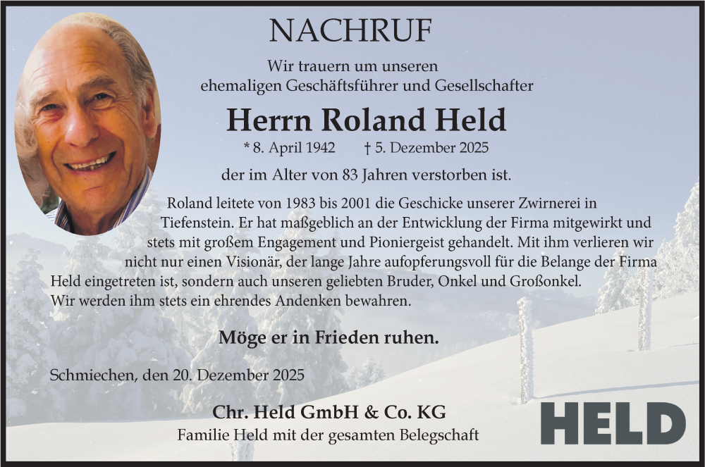  Traueranzeige für Roland Held vom 20.12.2025 aus Ehinger Tagblatt/Ehinger Tagblatt