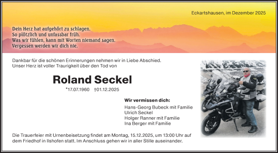 Traueranzeige von Roland Seckel von Haller Tagblatt/Hohenloher Tagblatt
