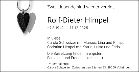 Traueranzeige von Rolf-Dieter Himpel von SÜDWEST PRESSE Ausgabe Ulm/Neu-Ulm
