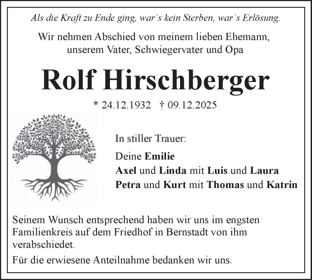  Traueranzeige für Rolf Hirschberger vom 27.12.2025 aus SÜDWEST PRESSE Ausgabe Ulm/Neu-Ulm