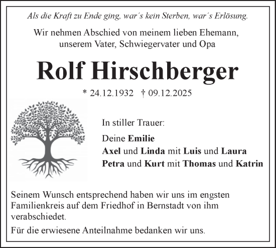 Traueranzeige von Rolf Hirschberger von SÜDWEST PRESSE Ausgabe Ulm/Neu-Ulm