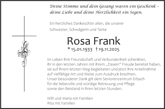 Traueranzeige von Rosa Frank von SÜDWEST PRESSE Ausgabe Ulm/Neu-Ulm
