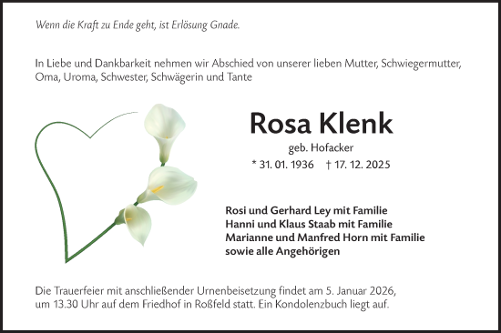 Traueranzeige von Rosa Klenk von Hohenloher Tagblatt