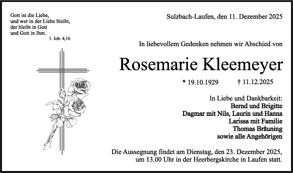  Traueranzeige für Rosemarie Kleemeyer vom 19.12.2025 aus Rundschau Gaildorf