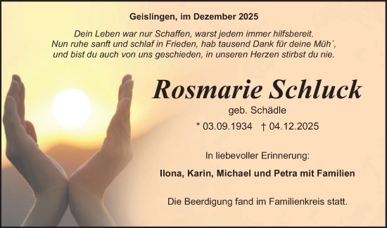 Traueranzeige von Rosmarie Schluck von SÜDWEST PRESSE Zollernalbkreis/Hohenzollerische Zeitung