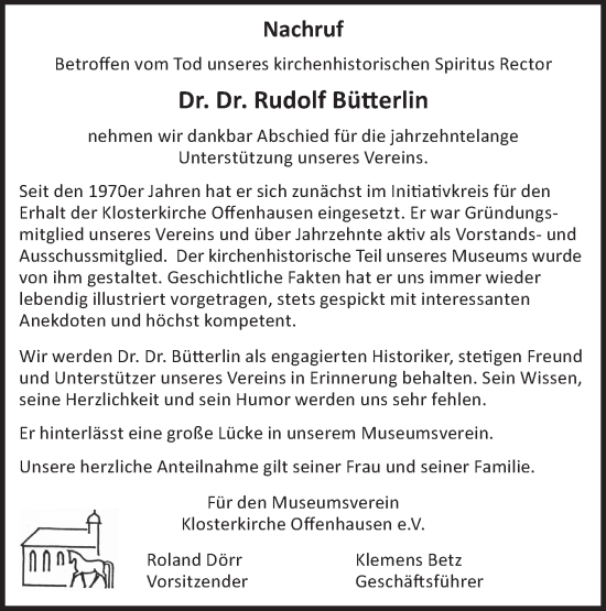 Traueranzeige von Rudolf Bütterlin von Alb-Bote/Metzinger-Uracher Volksblatt