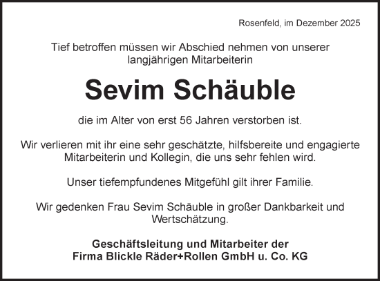 Traueranzeige von Sevim Schäuble von SÜDWEST PRESSE Zollernalbkreis/Hohenzollerische Zeitung
