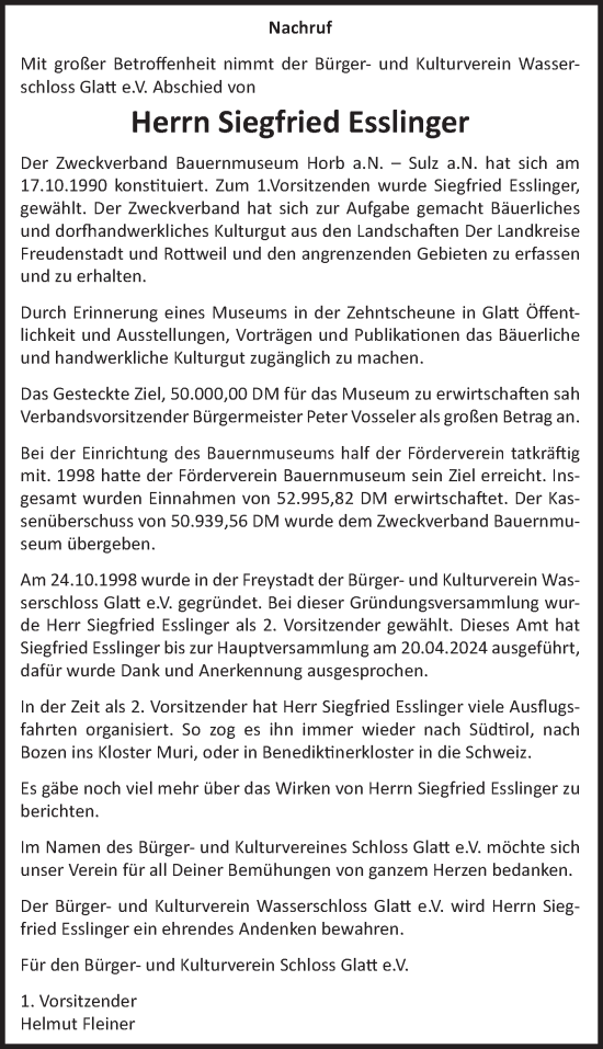 Traueranzeige von Siegfried Esslinger von Neckar-Chronik