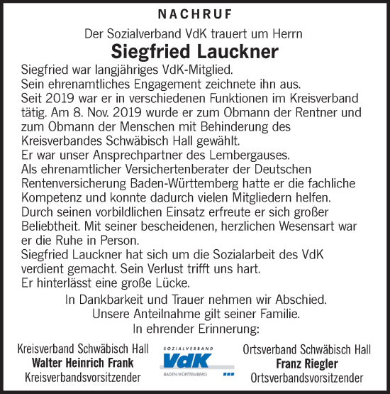 Traueranzeige von Siegfried Lauckner von Haller Tagblatt