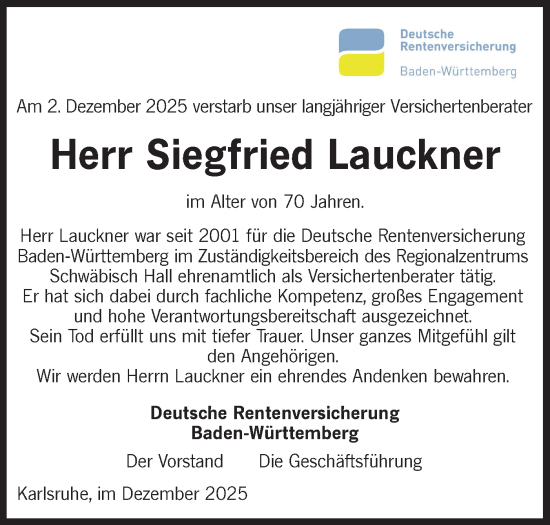 Traueranzeige von Siegfried Lauckner von Haller Tagblatt