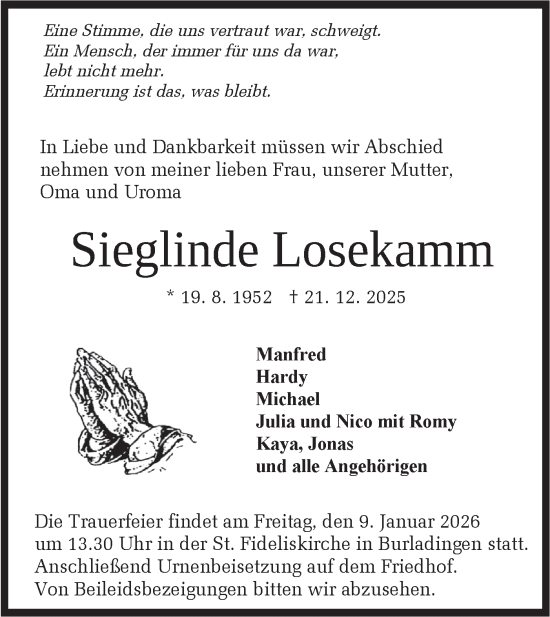 Traueranzeige von Sieglinde Losekamm von SÜDWEST PRESSE Zollernalbkreis/Hohenzollerische Zeitung