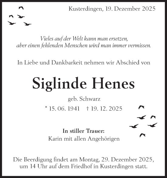 Traueranzeige von Siglinde Henes von Schwäbische Tagblatt