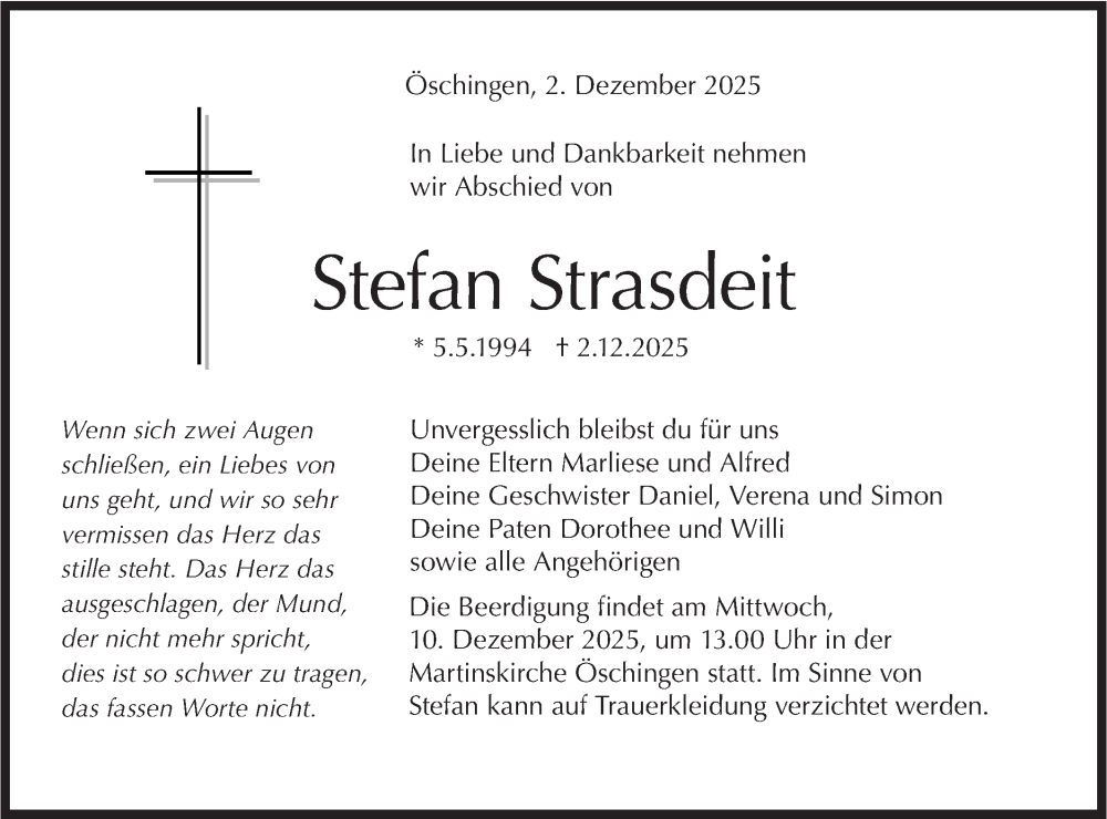  Traueranzeige für Stefan Strasdeit vom 06.12.2025 aus Schwäbische Tagblatt