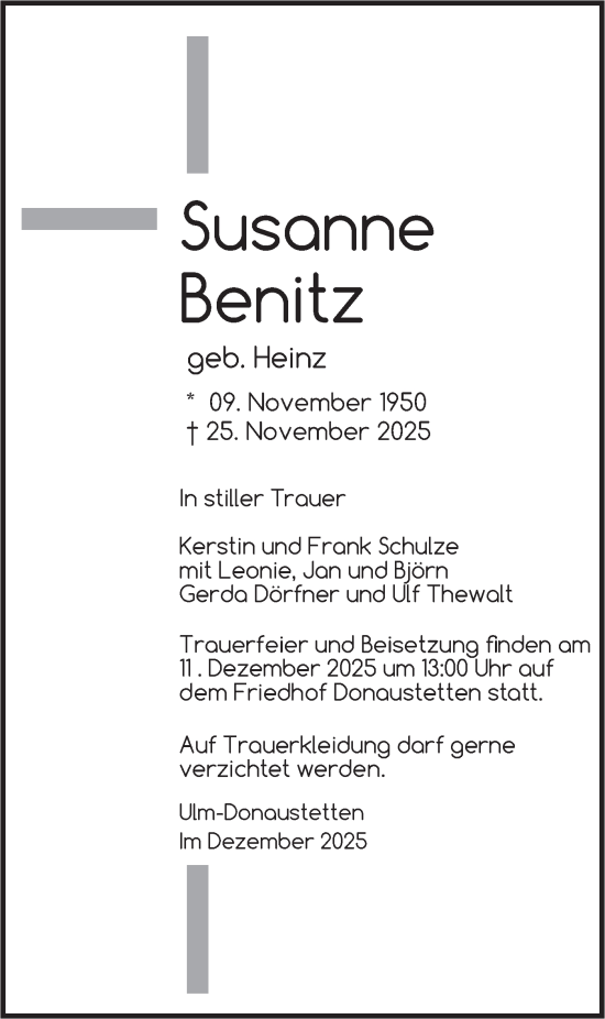 Traueranzeige von Susanne Benitz von SÜDWEST PRESSE Ausgabe Ulm/Neu-Ulm