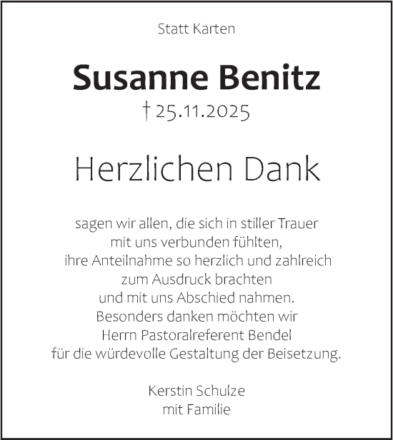 Traueranzeige von Susanne Benitz von SÜDWEST PRESSE Ausgabe Ulm/Neu-Ulm